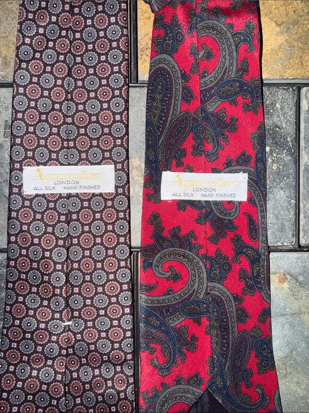 Aquascutum London Mens Silk Necktie Set Paisley Geometric Medallion Red Blue 2pc